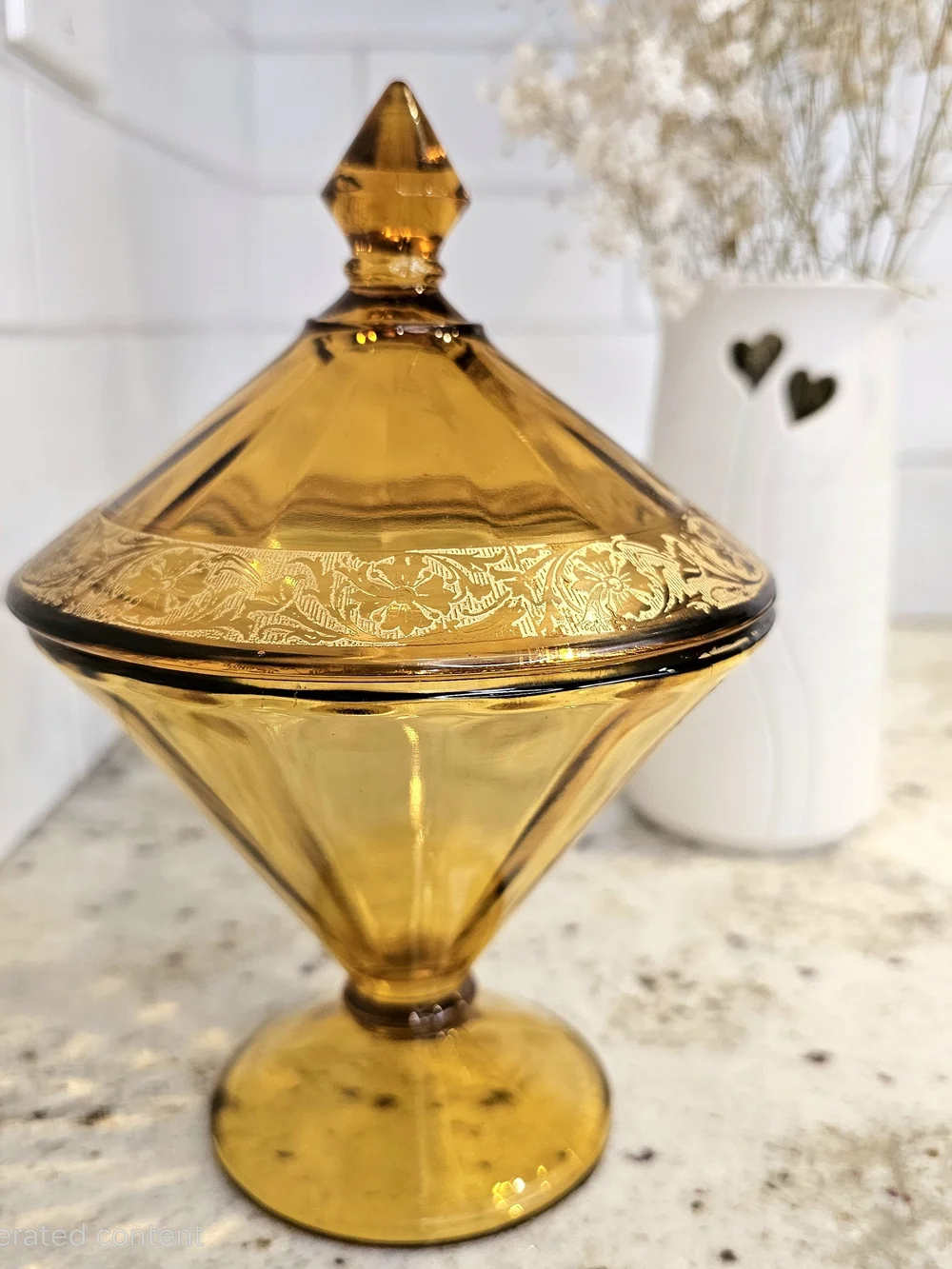 Westmoreland Amber Glass Compote Covered Candy Dish Home Accent Art Deco Vanity